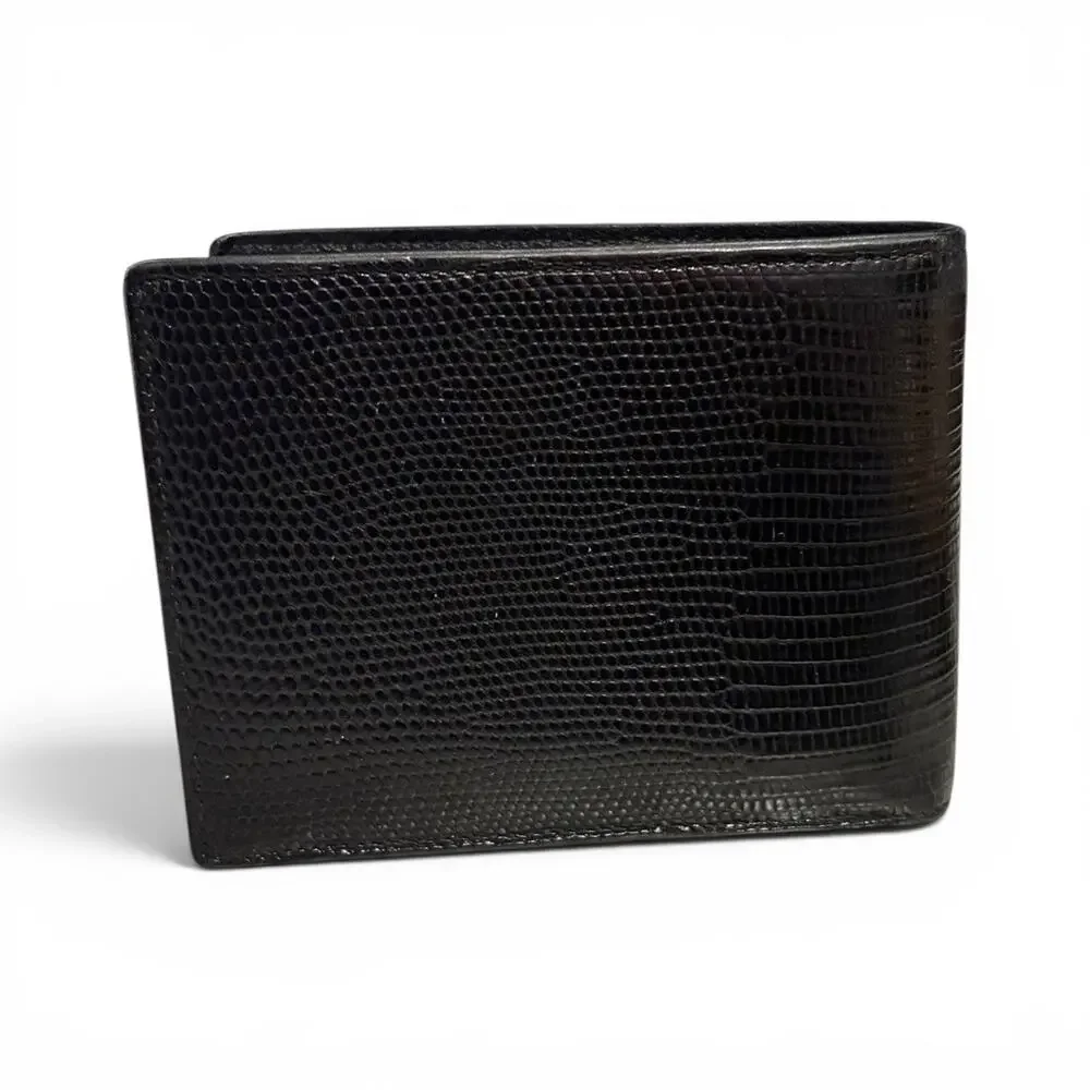Dolce & Gabbana Black Lizard Embossed Leather Bifold Wallet Silver D&G Logo